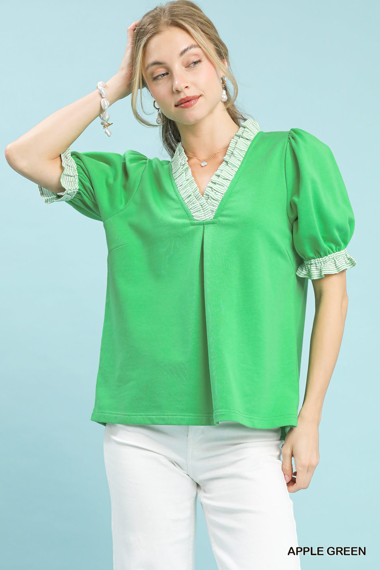 Umgee French Terry Ruffle Trim Puff Sleeve Top