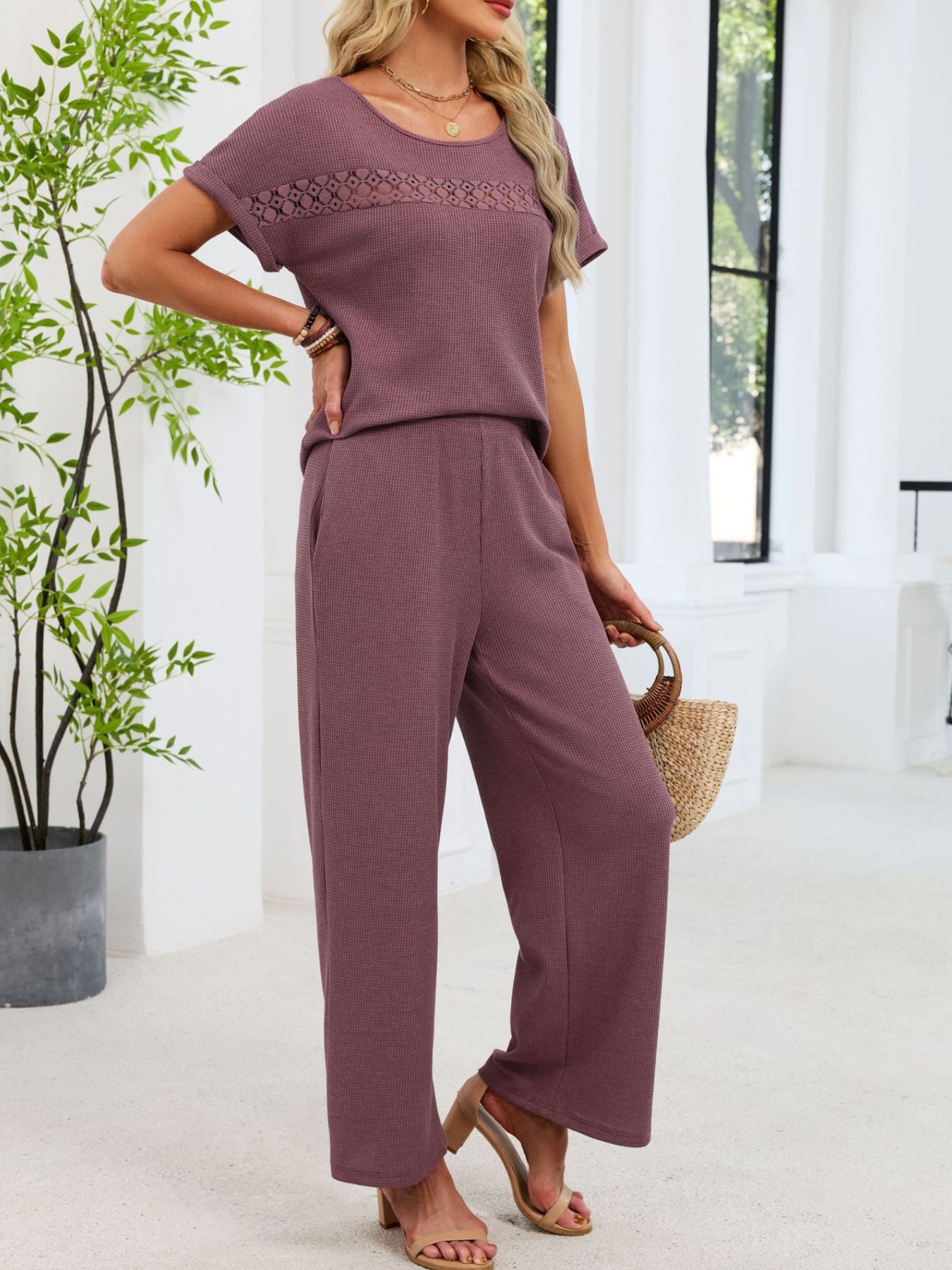 Lace Detail Short Sleeve Top and Pants Set