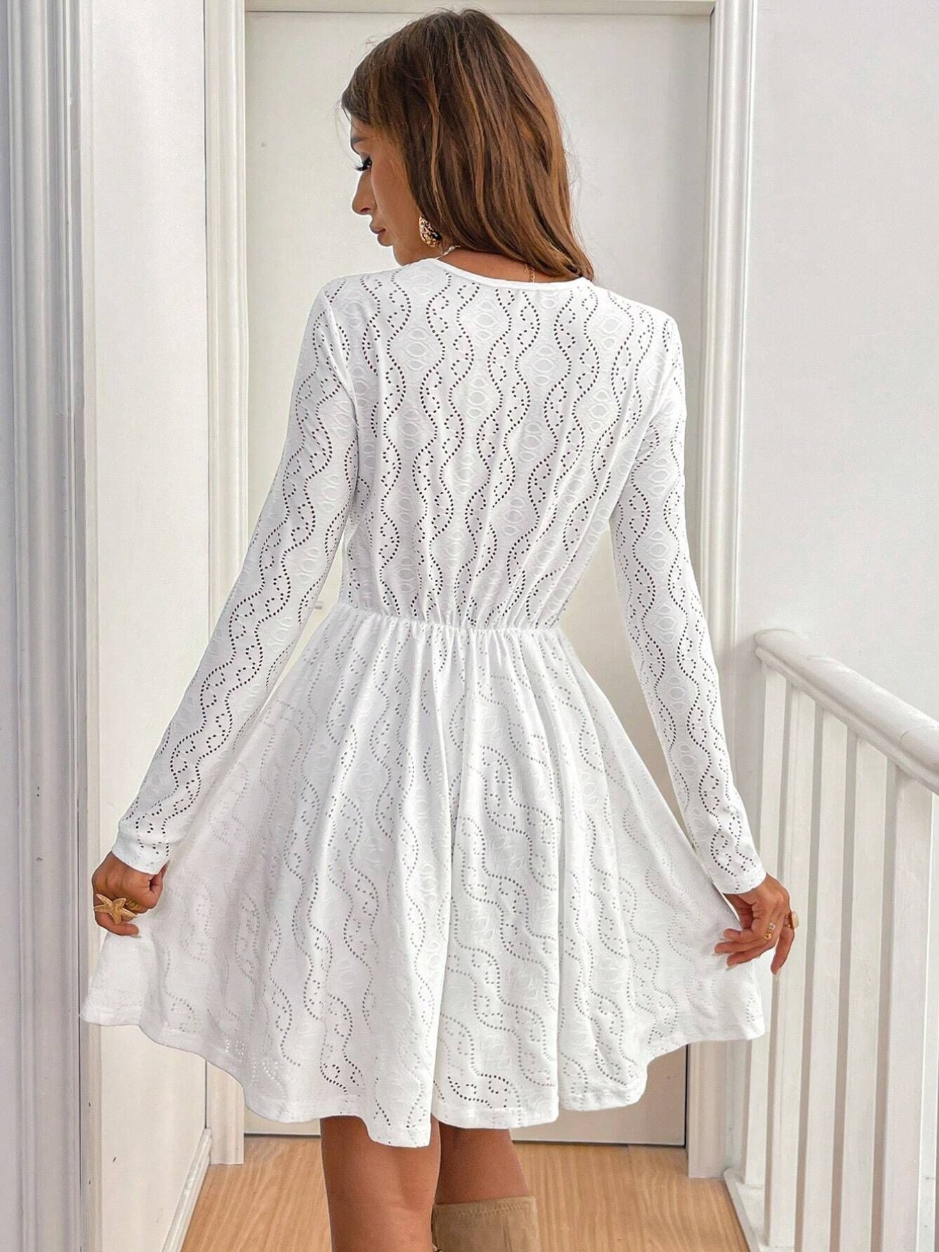 Lace Openwork Long Sleeve V-Neck Dress