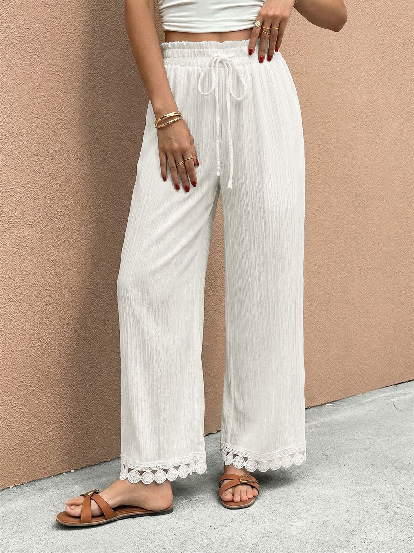 Lace Trim Wide Leg Pants