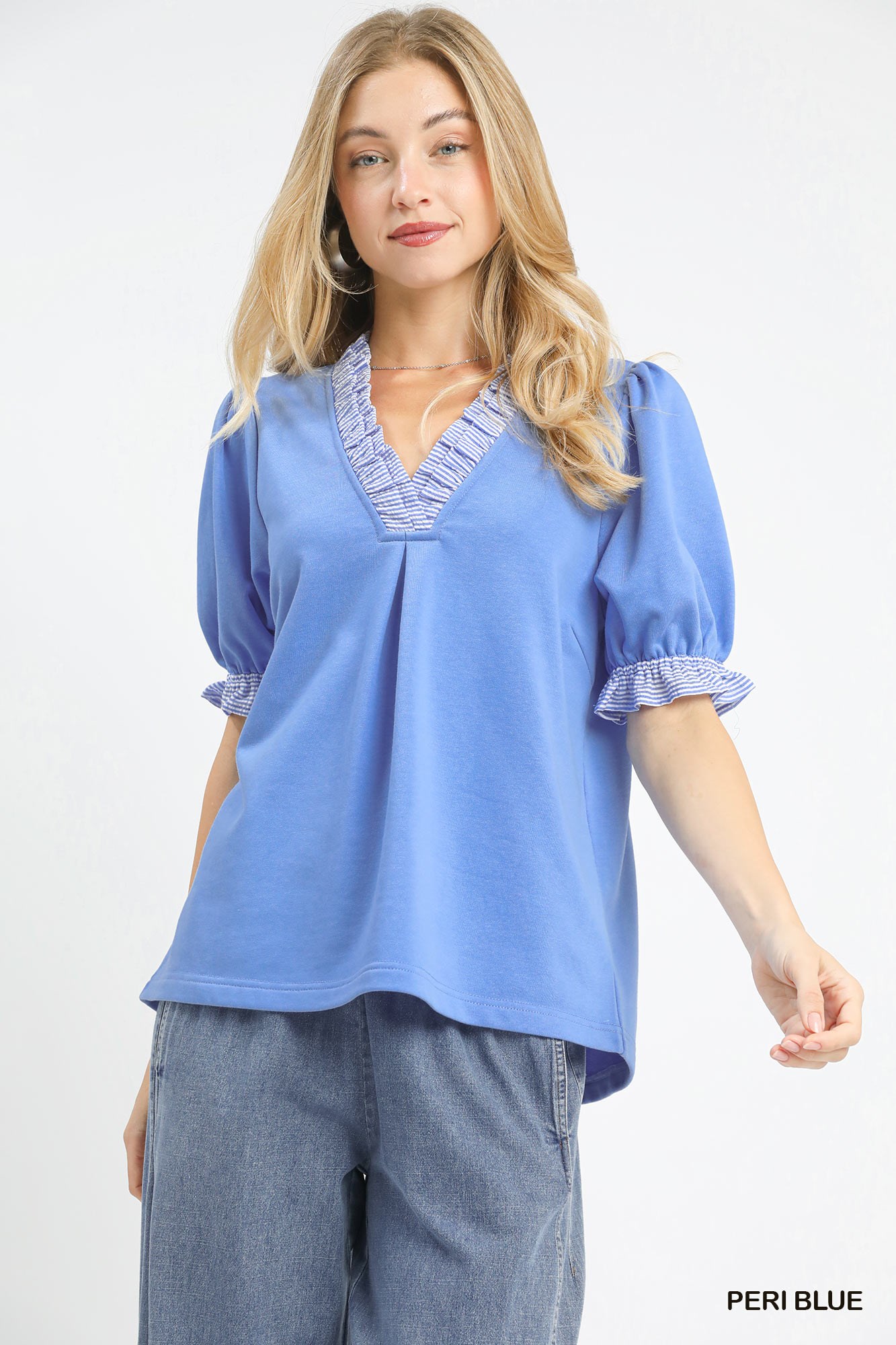 Umgee French Terry Ruffle Trim Puff Sleeve Top