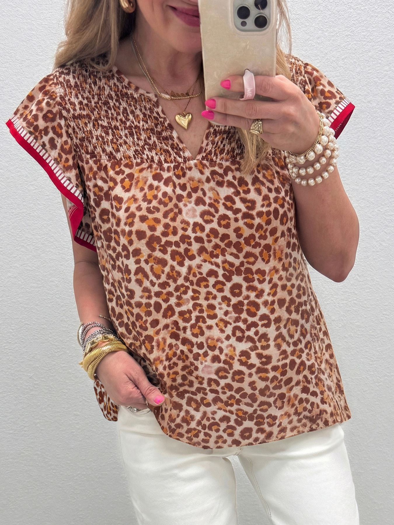 Leopard Print Smocked Notched Blouse