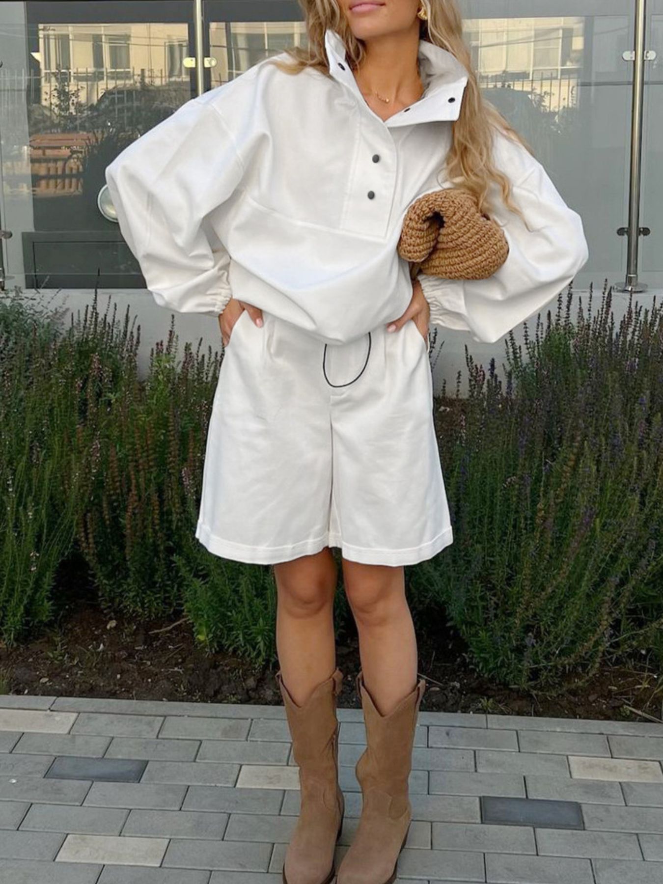 Snap Detail Long Sleeve Top And Shorts Set