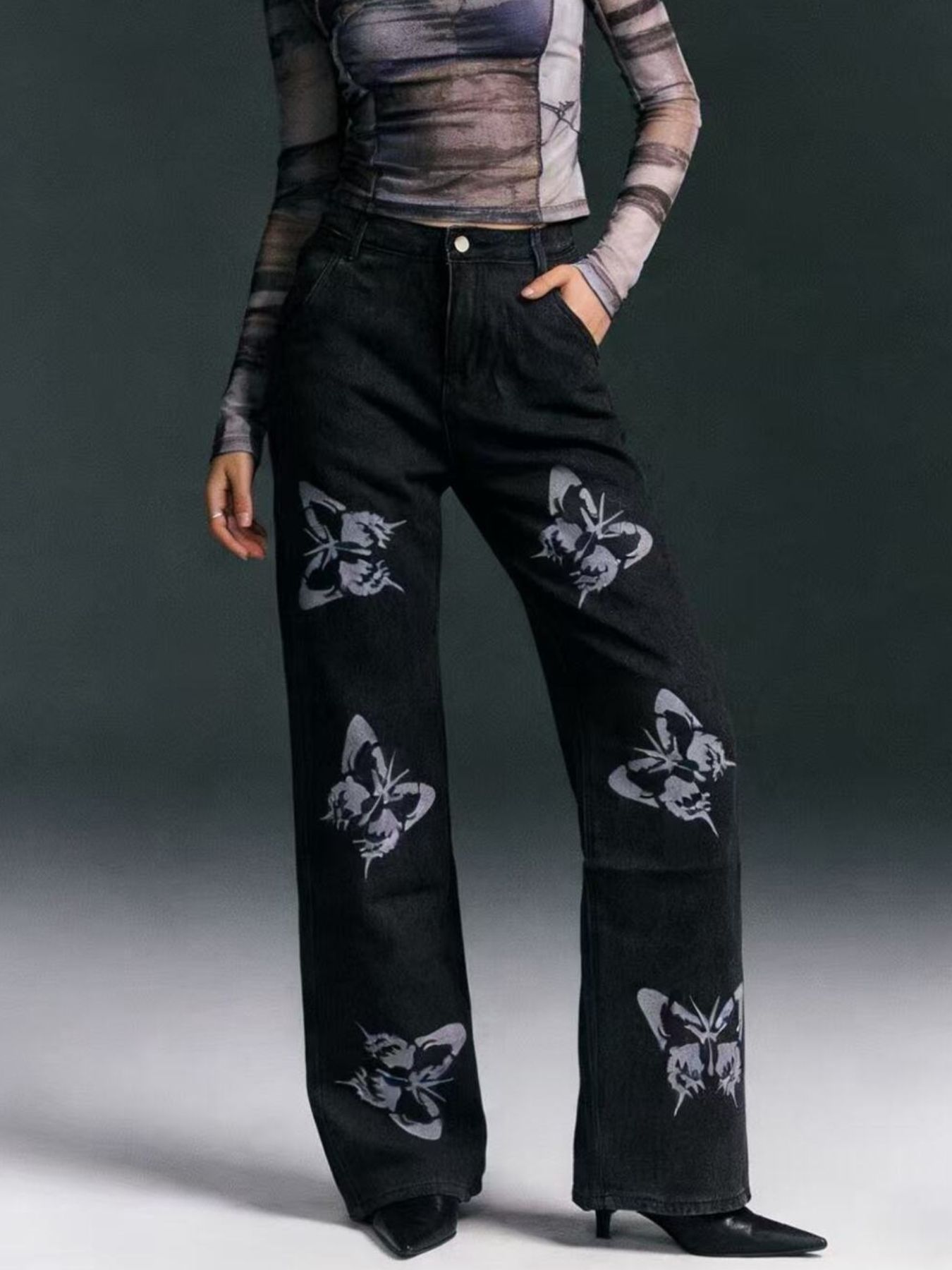Butterfly Print High-Waisted Wide Leg Jeans