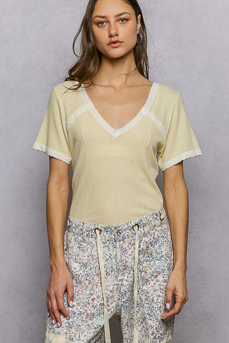Lace Detail V-Neck Short Sleeve Textured T-Shirt
