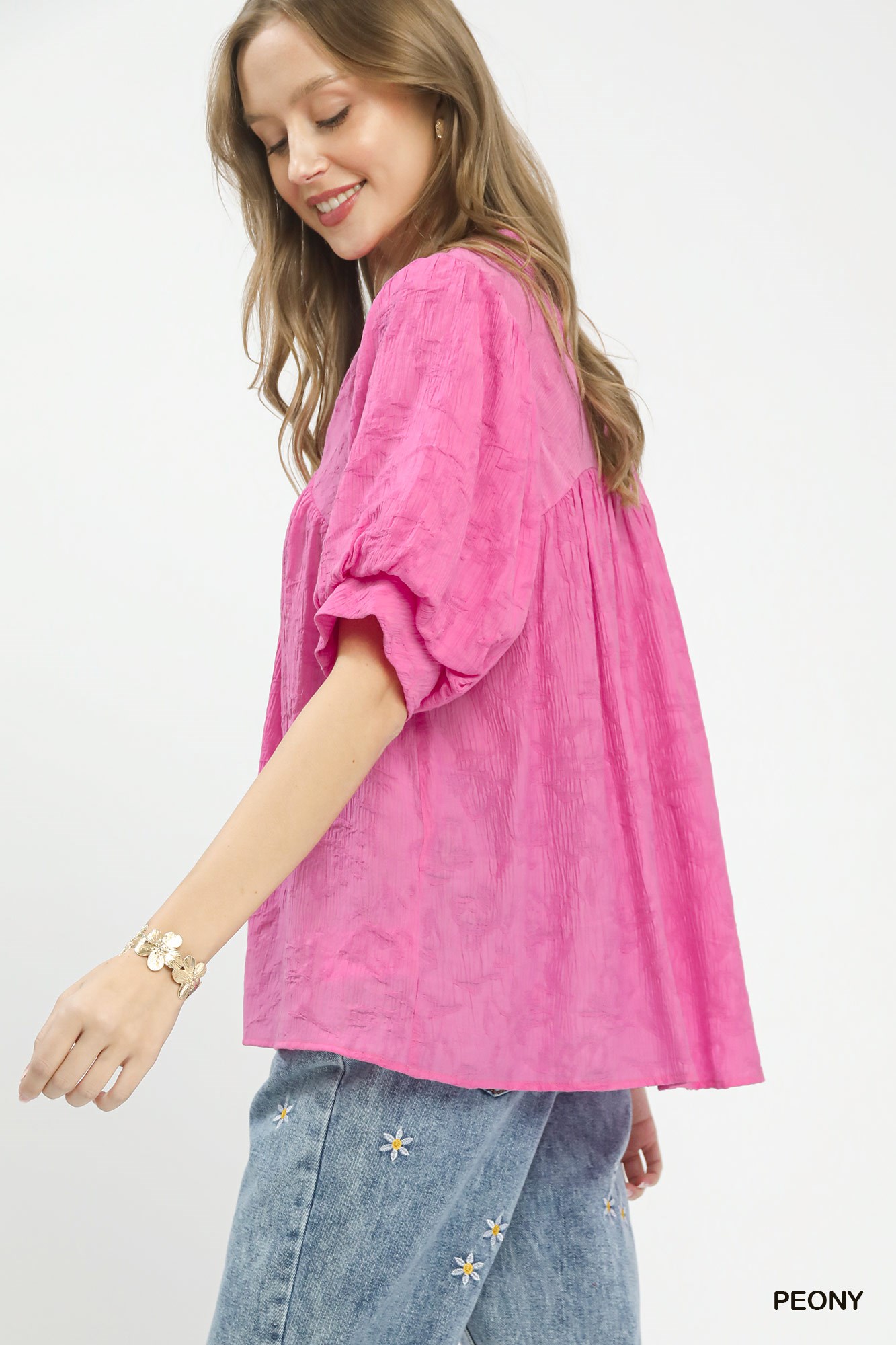 Umgee Textured Lace Trim V-Neck Boho Blouse