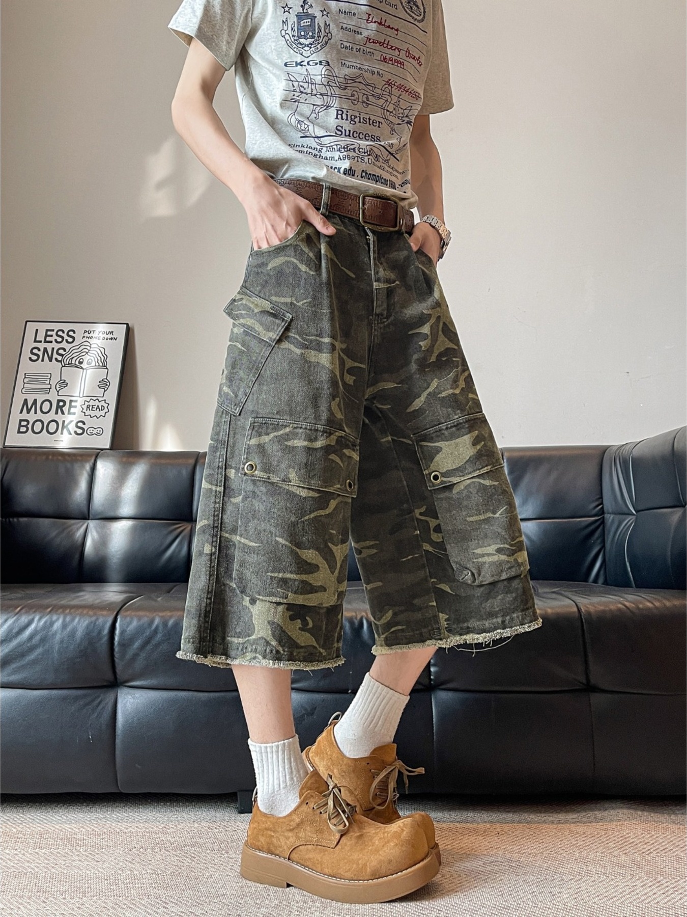 Men's Plus Size Vintage Camouflage Raw Hem Capris