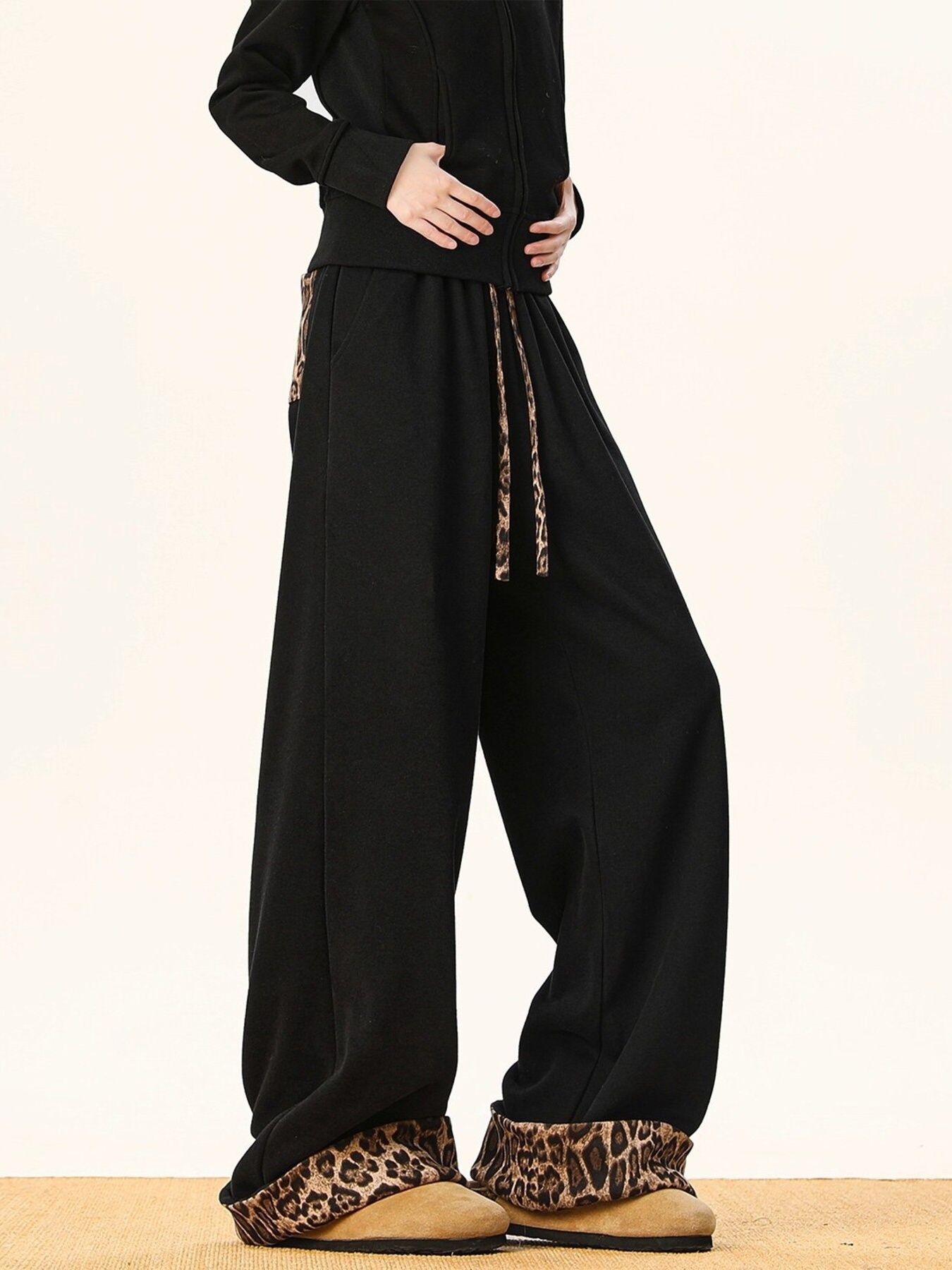 Men's Plus Size Wide Leg Leopard Trim Pants