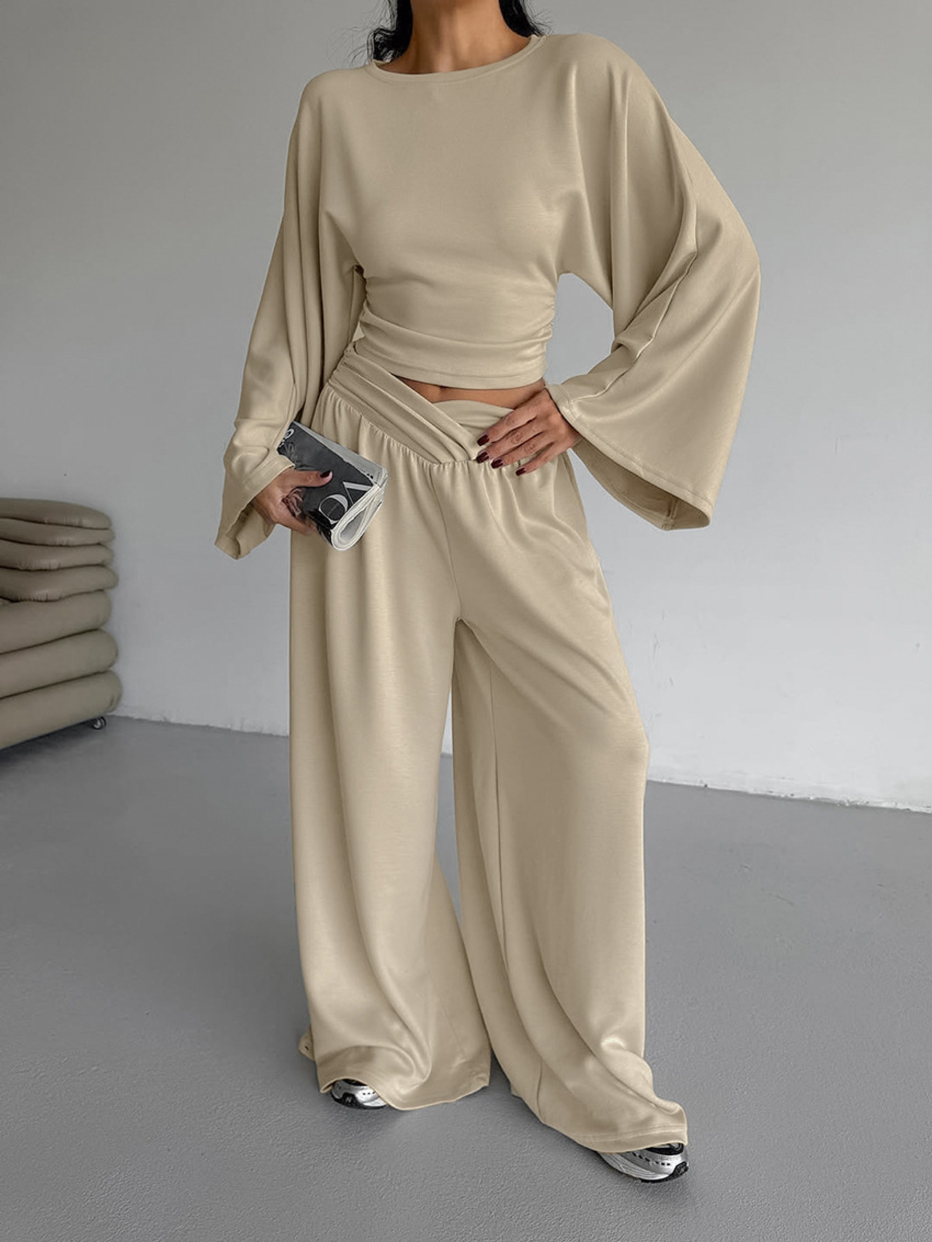 Round Neck Top And Wide Leg Pants Set