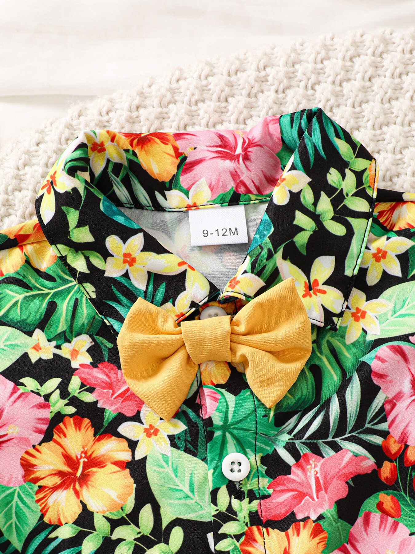 Children's Tropical Print Shirt & Solid Shorts with Bow Tie Set