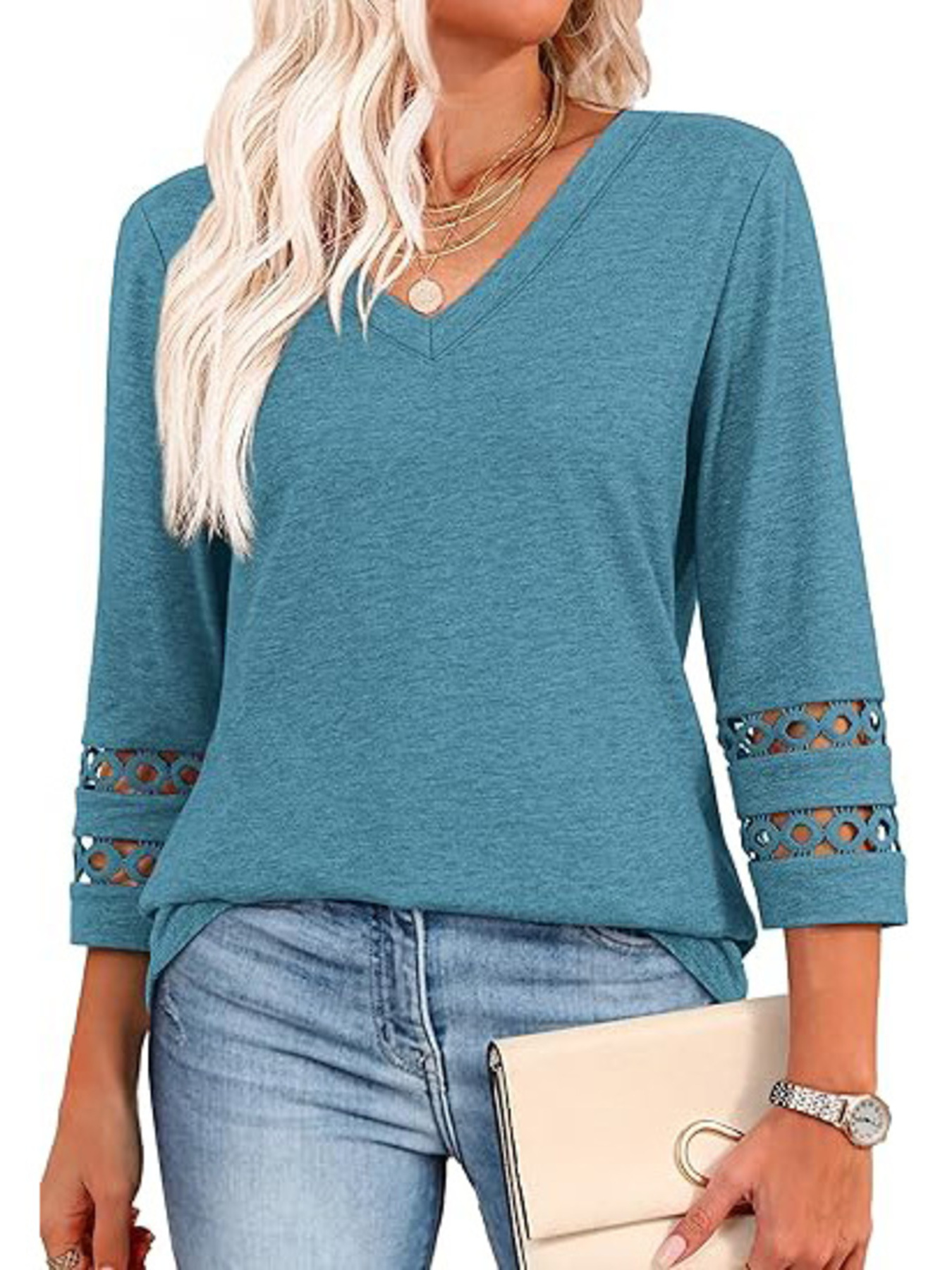 V-Neck Cutout 3/4 Sleeve T-Shirt