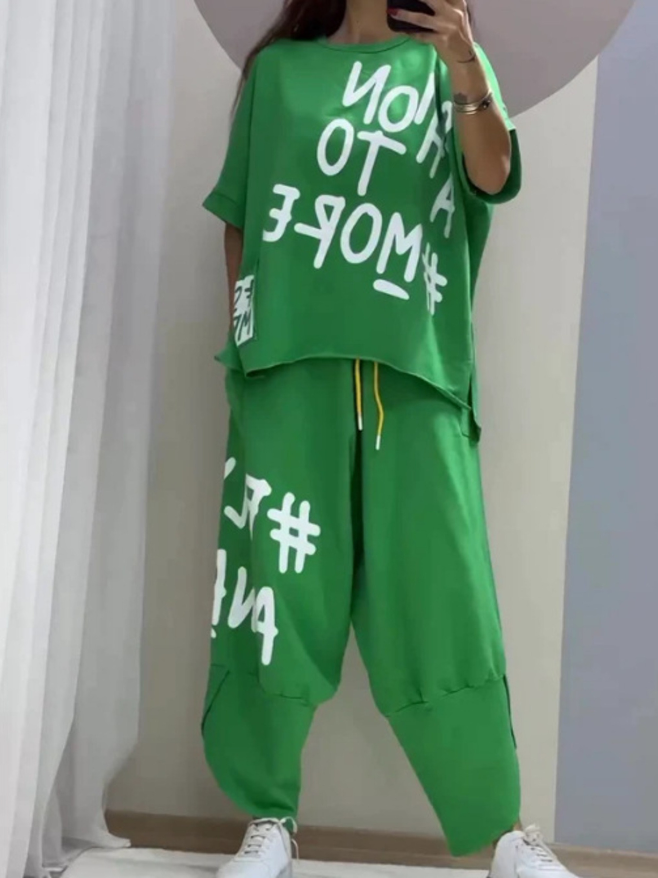 Full Size Letter Round Neck Tee and Drawstring Pants Set Plus Size