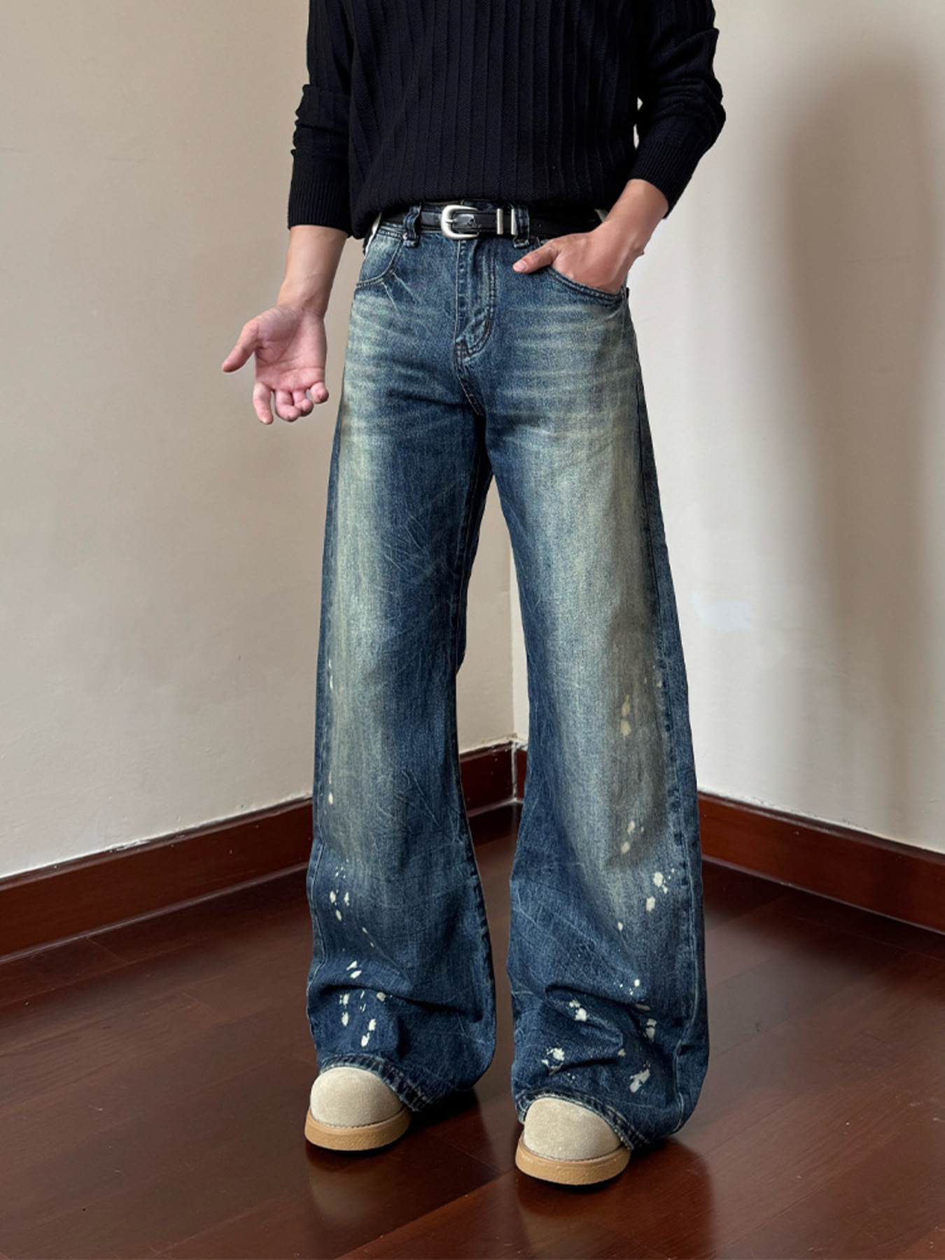 Men's Full Size Vintage Wash Wide Leg Jeans Plus Size
