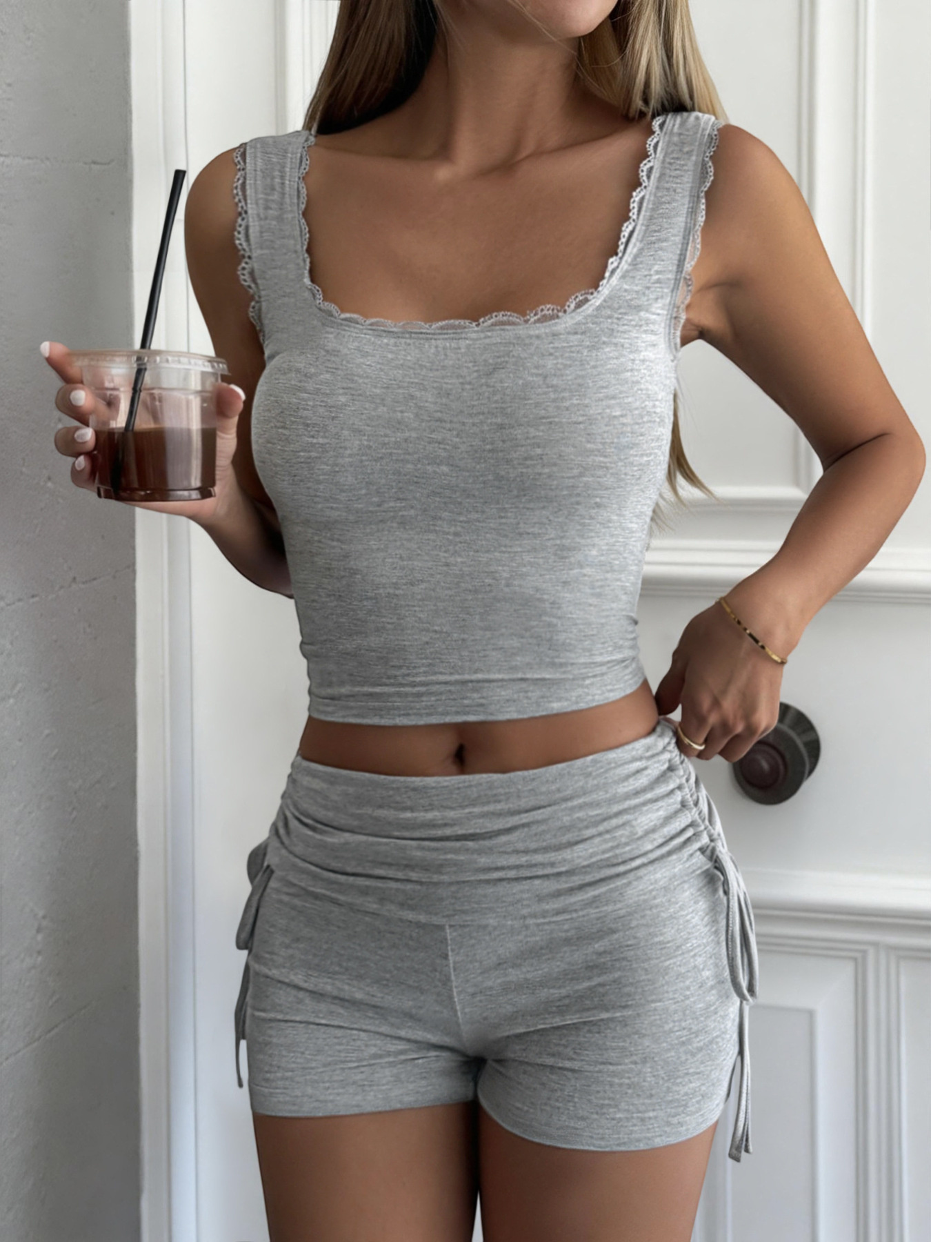 Lace Trim Tank Top and Drawstring Shorts Set