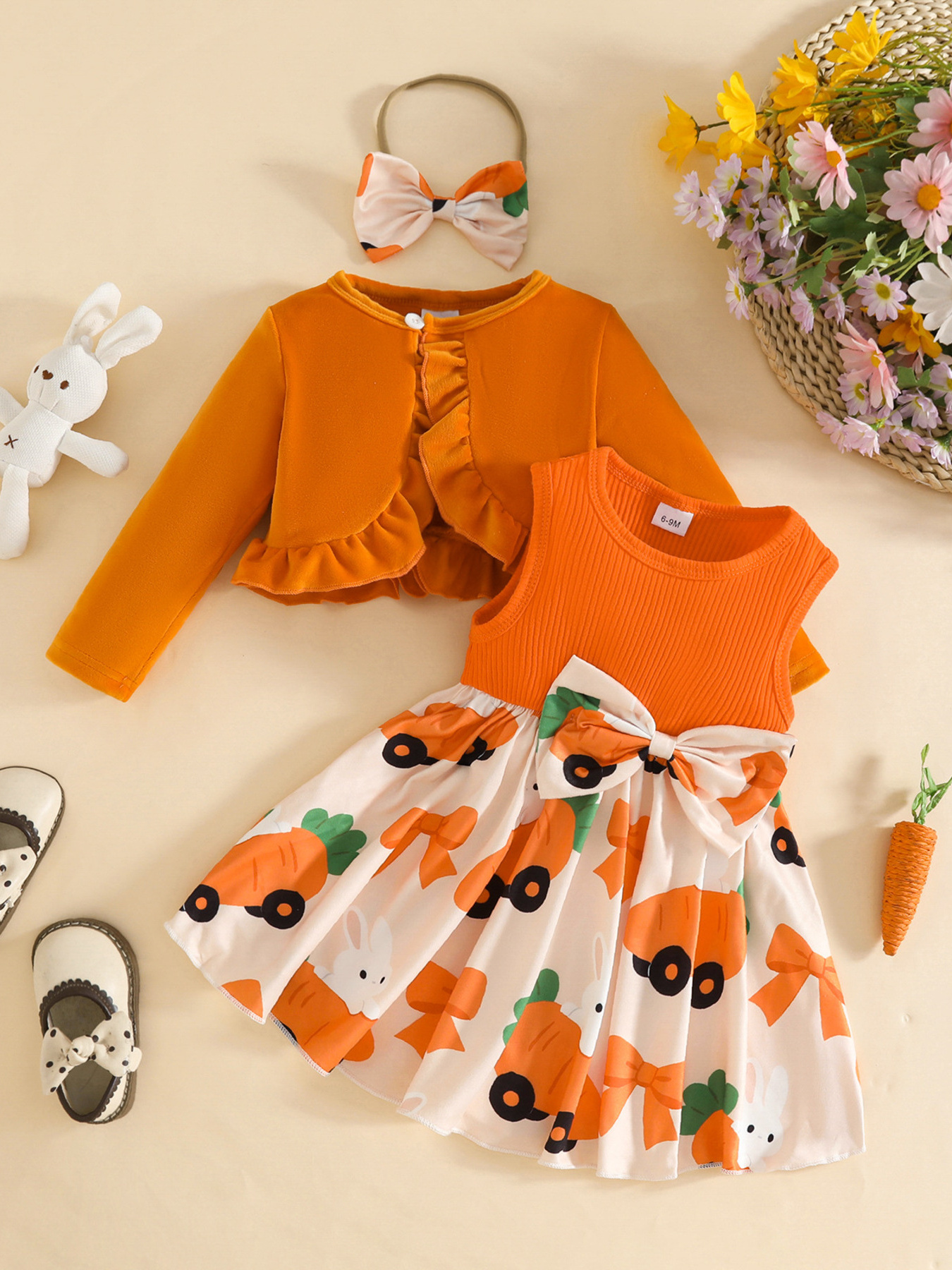 Children's Ruffled Cardigan and Bow Dress Set with Headband