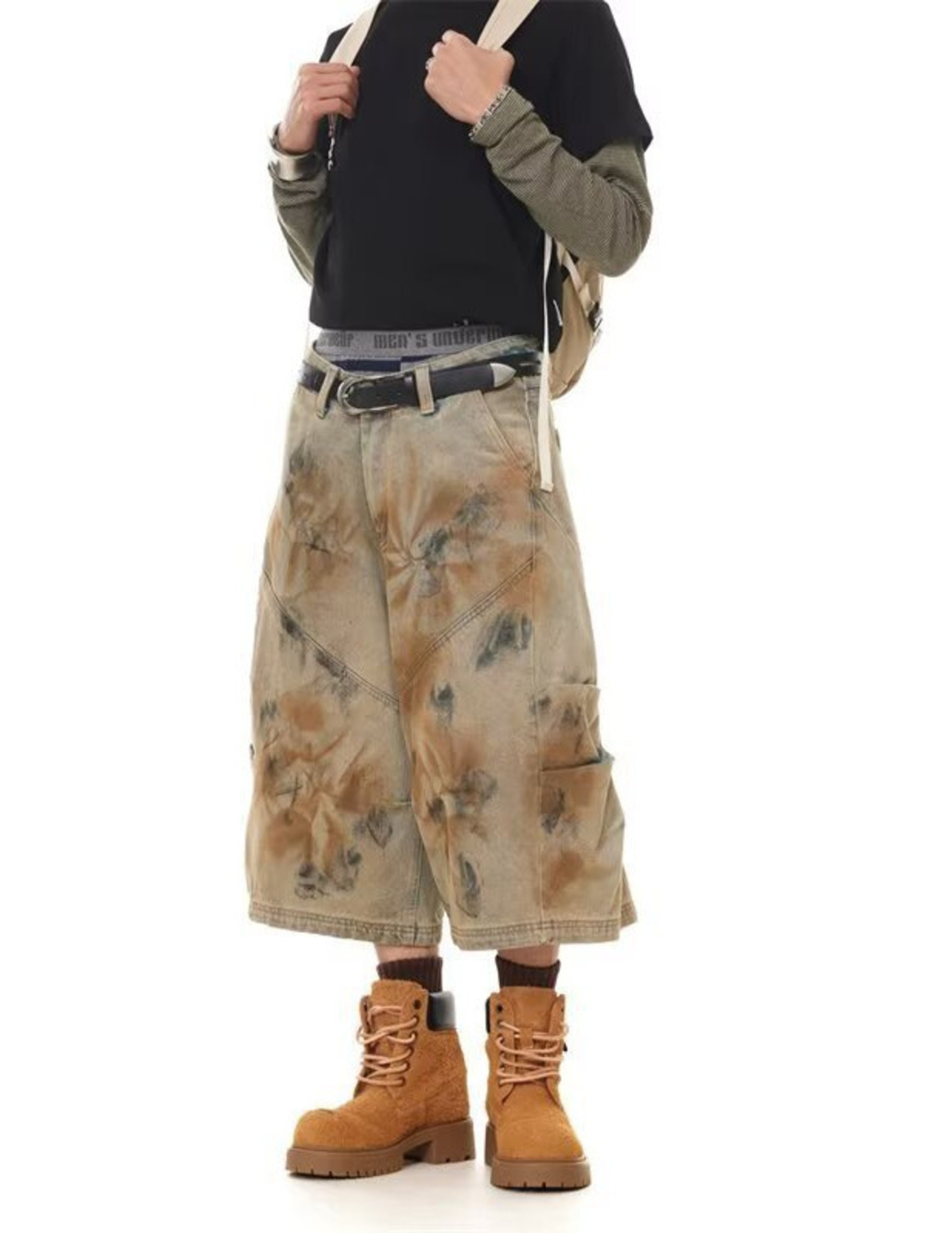 Men's Plus Size Vintage Wash Wide-Leg Denim Shorts