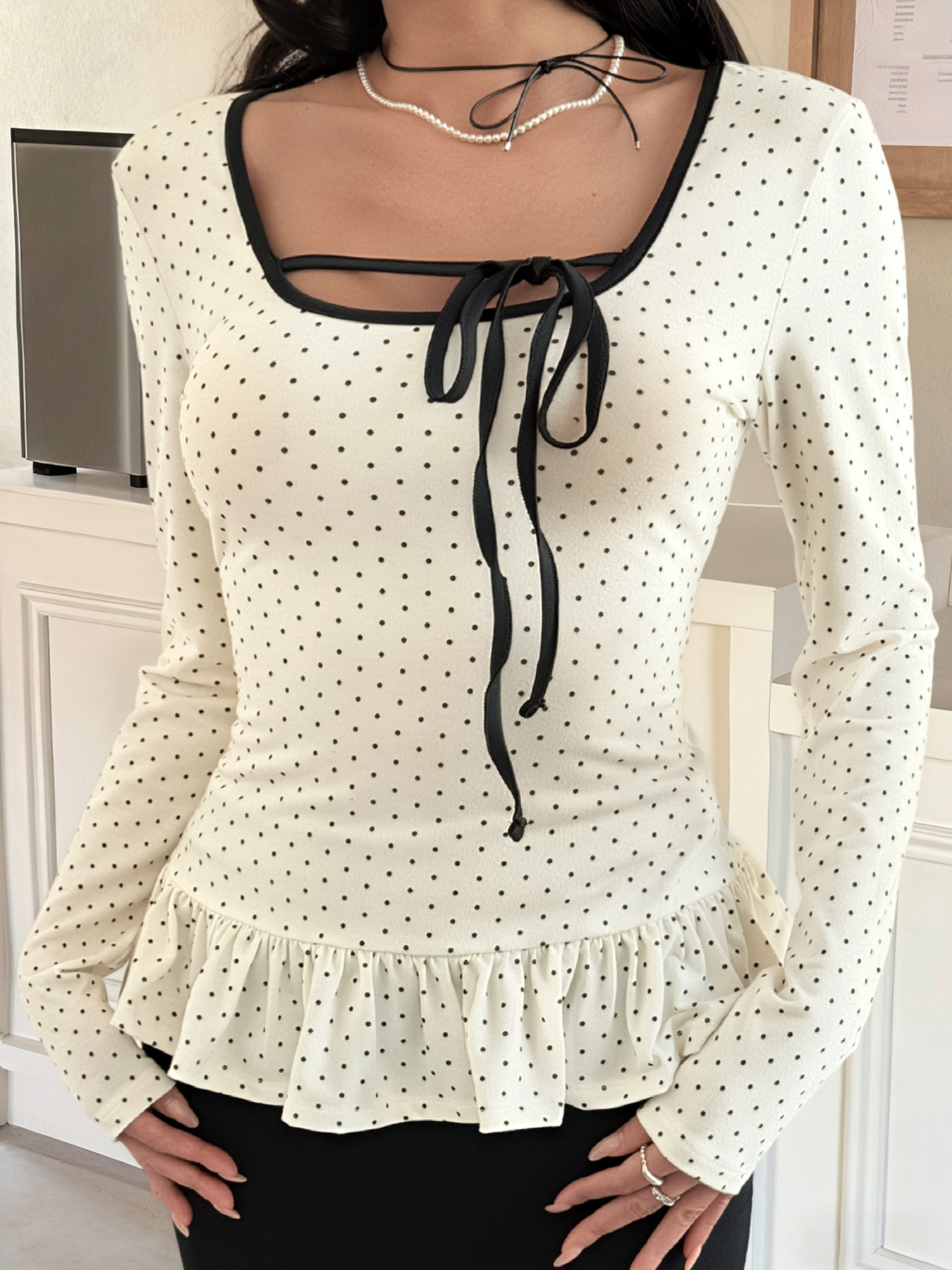 Polka Dot Ruffle Trim Long Sleeve T-Shirt
