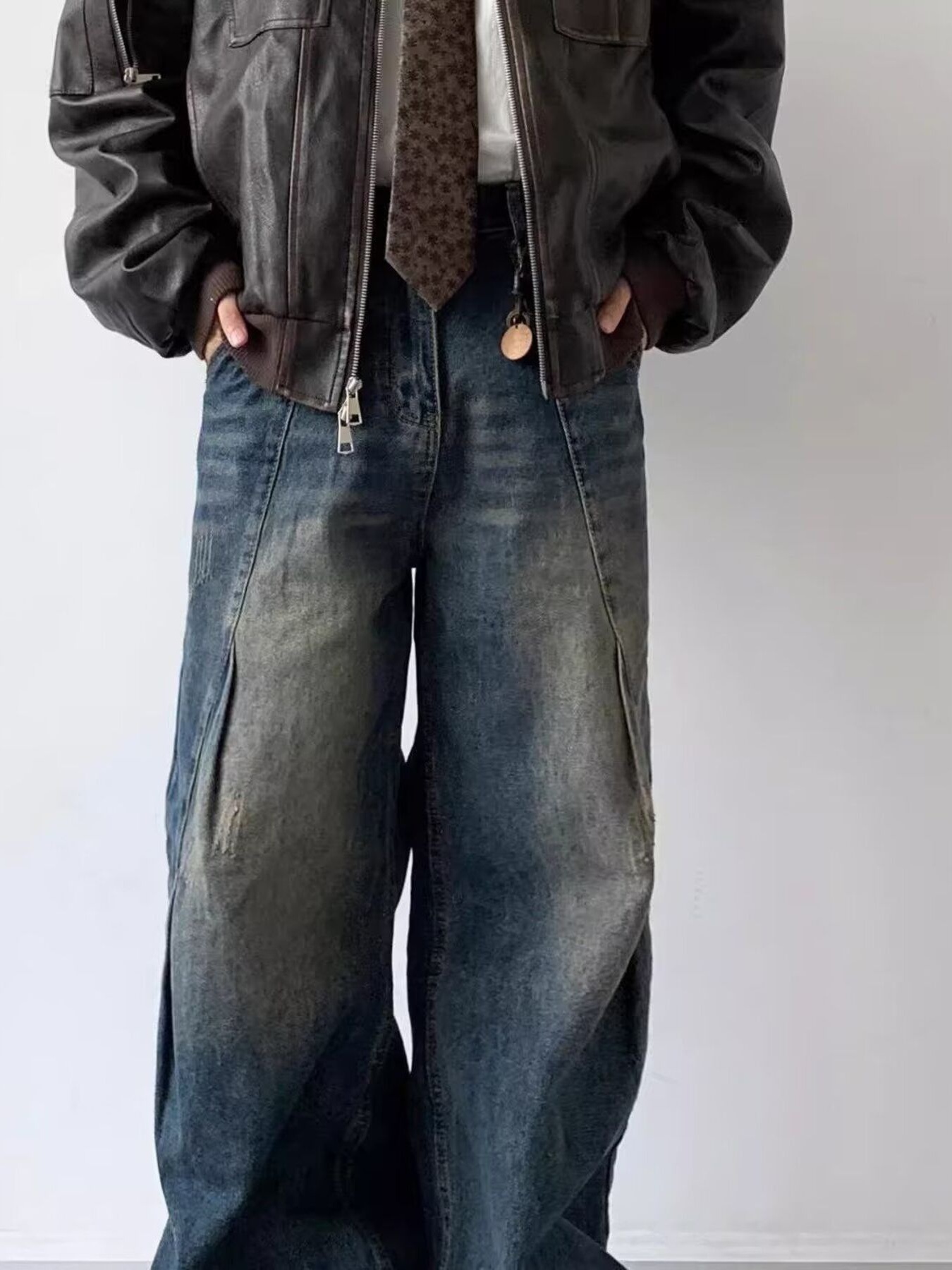 Men's Full Size Vintage Wash Wide Leg Jeans Plus Size