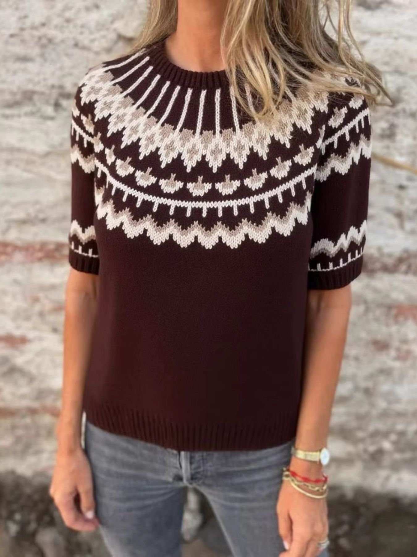 Vintage Patterned Short Sleeve Sweater