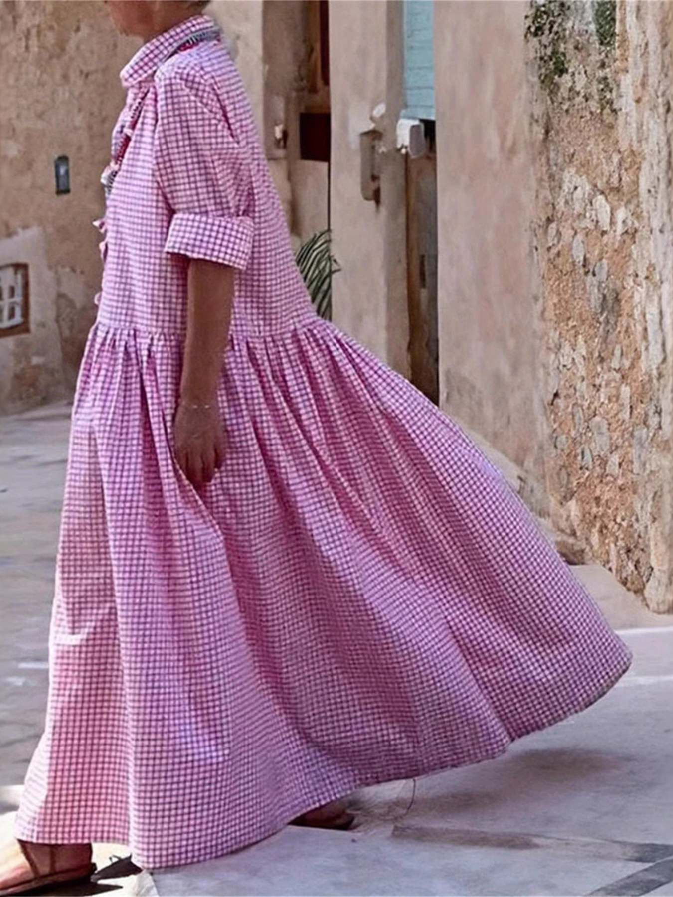 Vintage Gingham Maxi Shirt Dress
