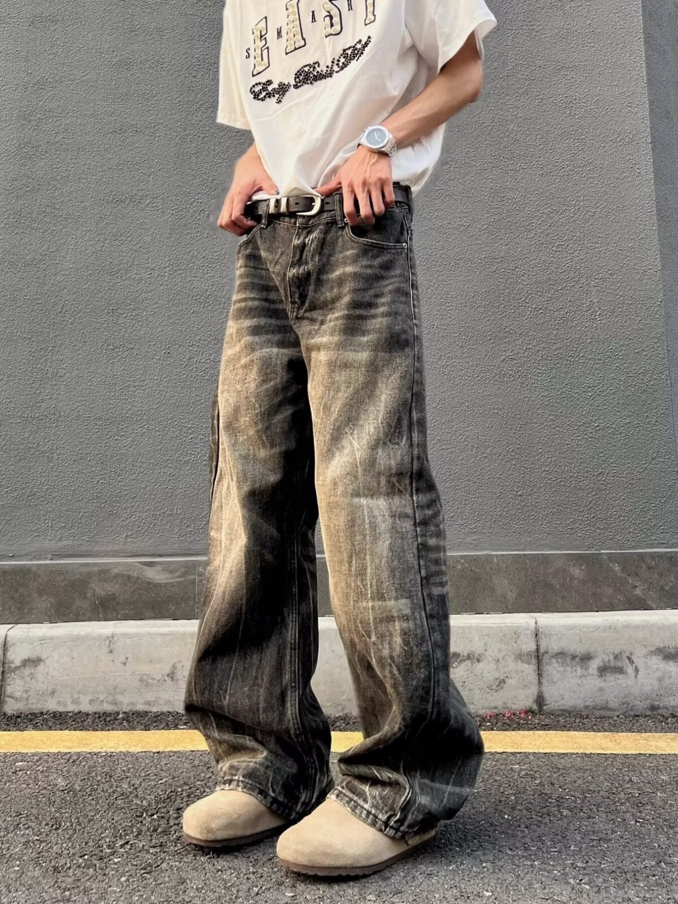 Men's Full Size Vintage Wash Wide Leg Jeans Plus Size