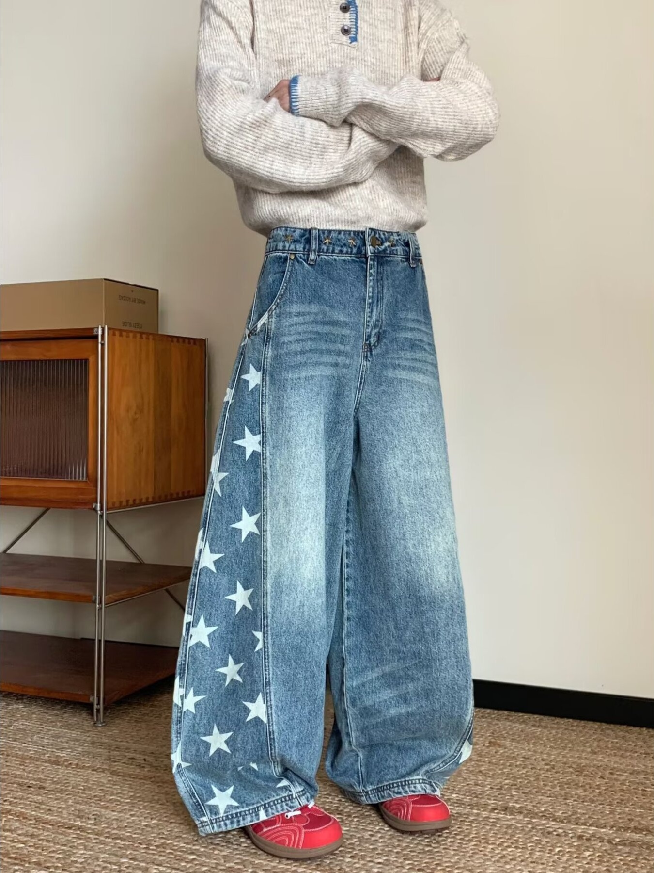 Men's Full Size Star Print Wide Leg Jeans Plus Size