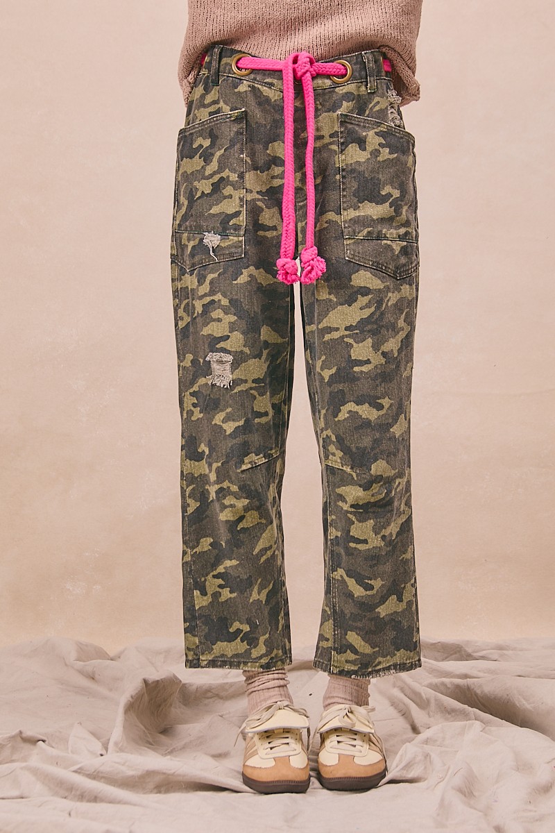 BiBi Braided Waist Belt Patch Pockets Camouflage Print Pants