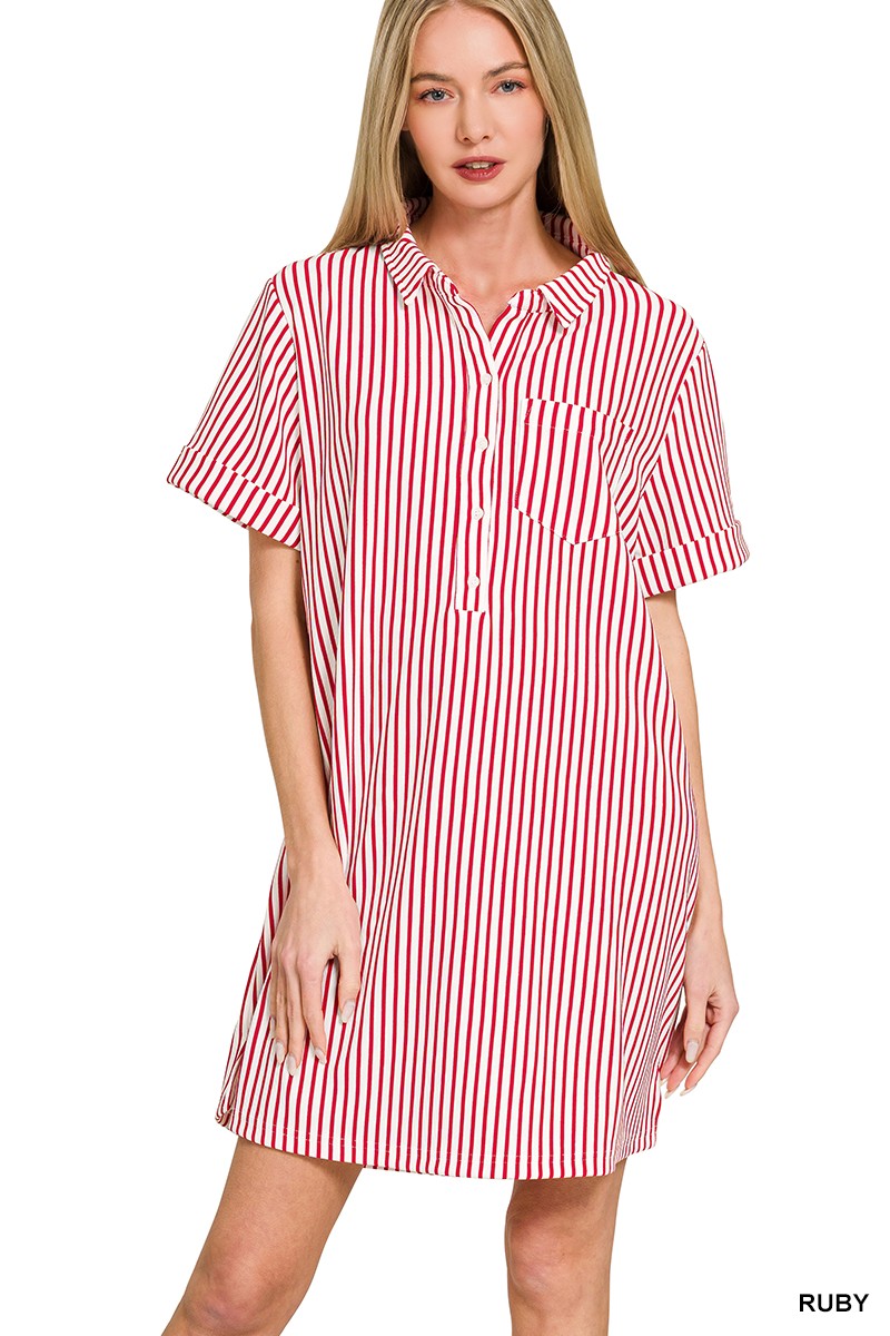 Zenana Stripe Collared Half Button Up T-Shirts Dress