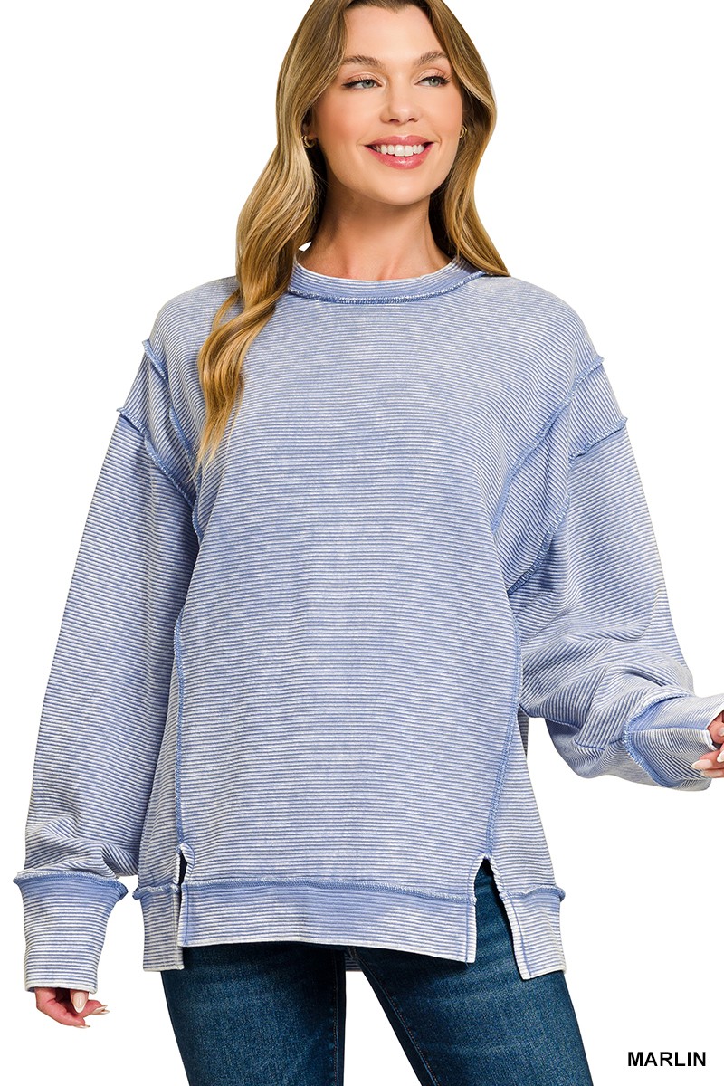 Zenana Acid Washed Double Ribbed Exposed-Seam Sweatshirt