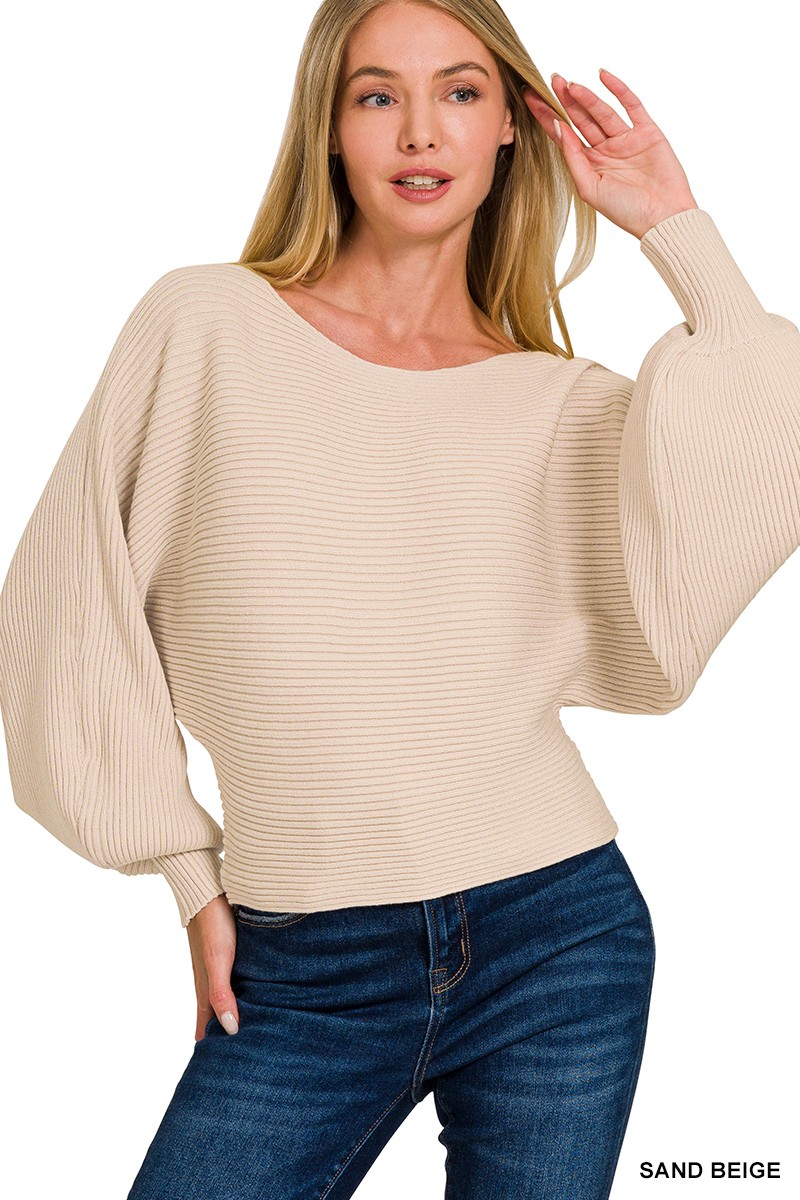 Zenana Boat Neck Balloon Sleeve Sweater