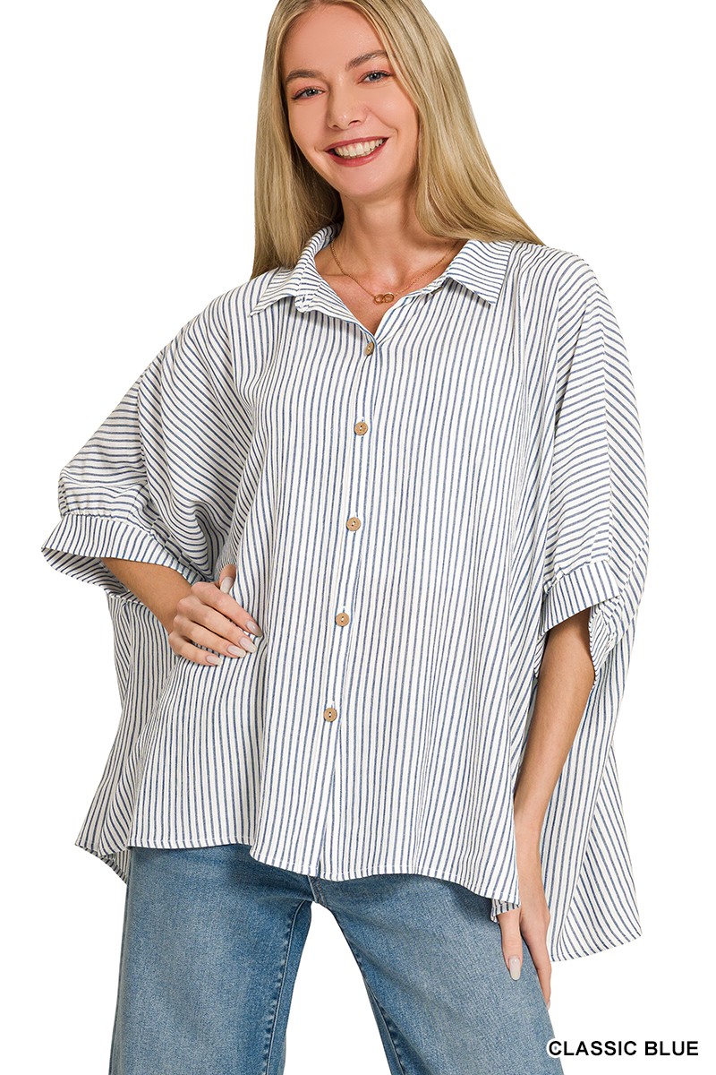 Zenana Woven Stripe Button Down Boxy Shirt
