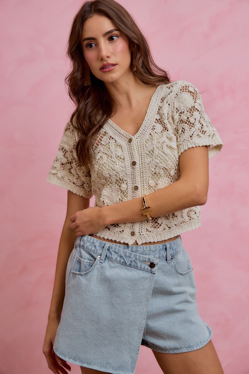 SO ME Floral Crochet Lace Button Down Cardigan