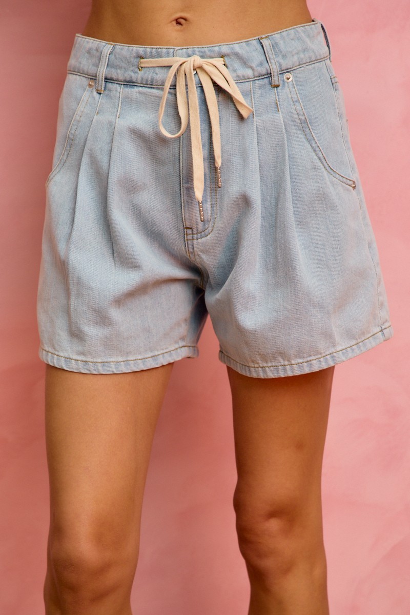 SO ME Mid Rise Denim Shorts With Cotton Tape Drawstring