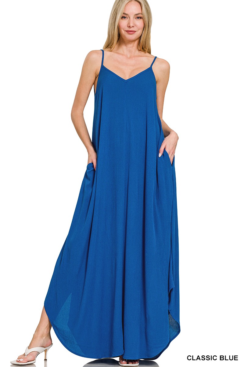 Zenana Woven Crinkle Cami Maxi Dress with Side Pockets