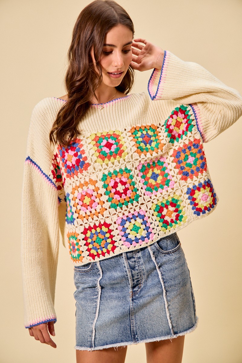 SO ME Multi Color Granny Crochet Lace Sweater Top